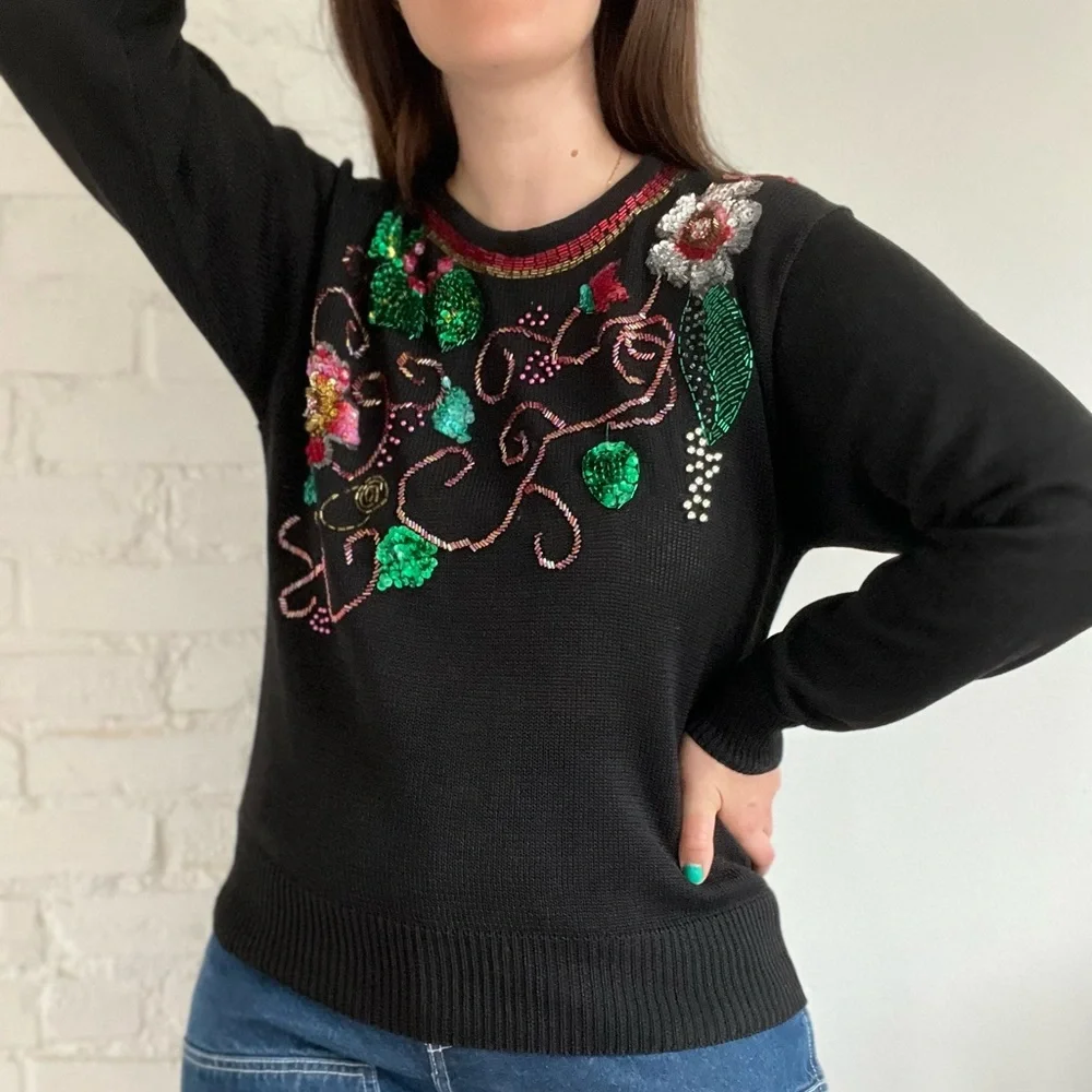 VINTAGE Women’s Sweater Sequins Embellished Festive Knit Size Large - Picture 7 of 12